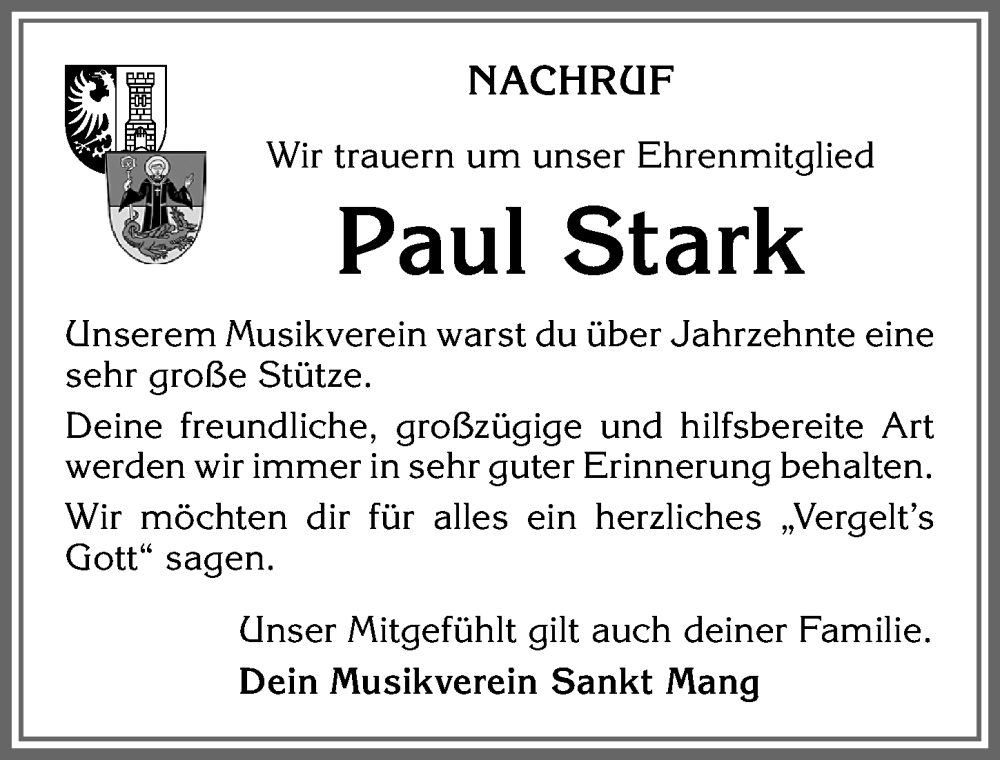 Traueranzeige von Paul Stark von Allgäuer Zeitung,Kempten