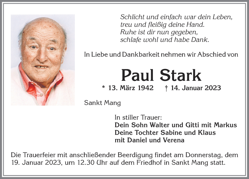 Traueranzeige von Paul Stark von Allgäuer Zeitung,Kempten