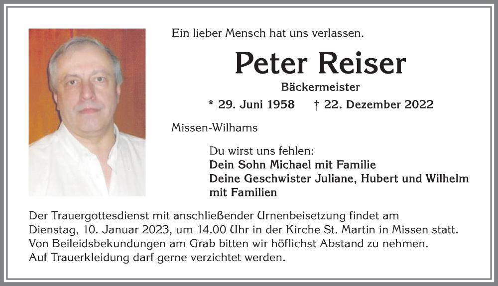 Traueranzeige von Peter Reiser von Allgäuer Zeitung,Kempten