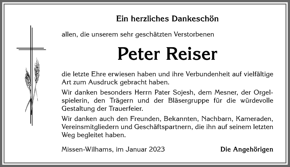 Traueranzeige von Peter Reiser von Allgäuer Anzeigeblatt