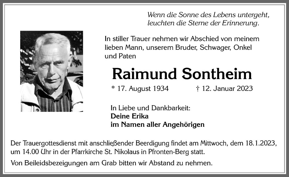 Traueranzeige von Raimund Sontheim von Allgäuer Zeitung, Füssen