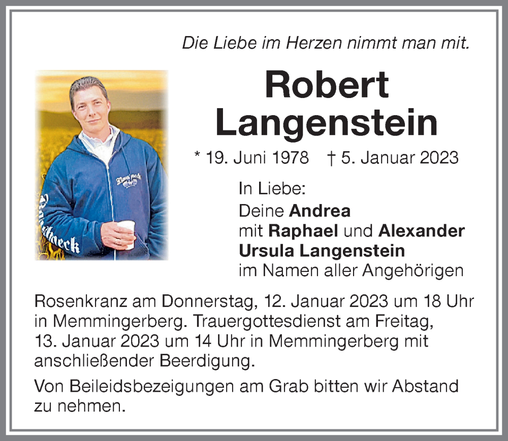 Traueranzeige von Robert Langenstein von Memminger Zeitung