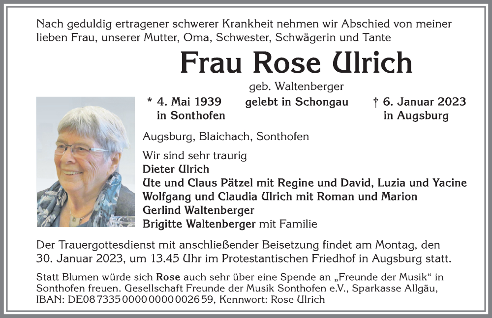 Traueranzeige von Rose Ulrich von Allgäuer Anzeigeblatt