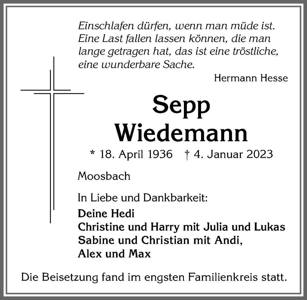 Traueranzeige von Sepp Wiedemann von Allgäuer Zeitung,Kempten