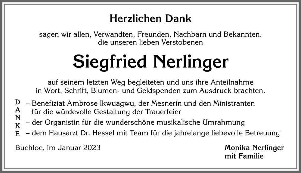 Traueranzeige von Siegfried Nerlinger von Allgäuer Zeitung, Kaufbeuren/Buchloe