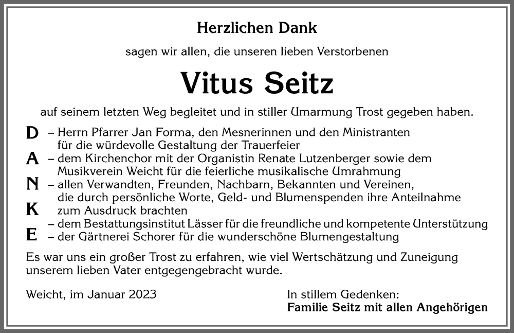 Traueranzeige von Vitus Seitz von Allgäuer Zeitung, Kaufbeuren/Buchloe