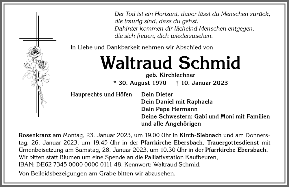  Traueranzeige für Waltraud Schmid vom 21.01.2023 aus Schwabmünchner Allgemeine, Mindelheimer Zeitung, Augsburger Allgemeine