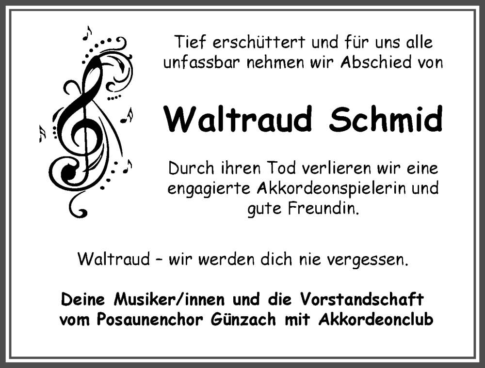  Traueranzeige für Waltraud Schmid vom 28.01.2023 aus Allgäuer Zeitung, Marktoberdorf