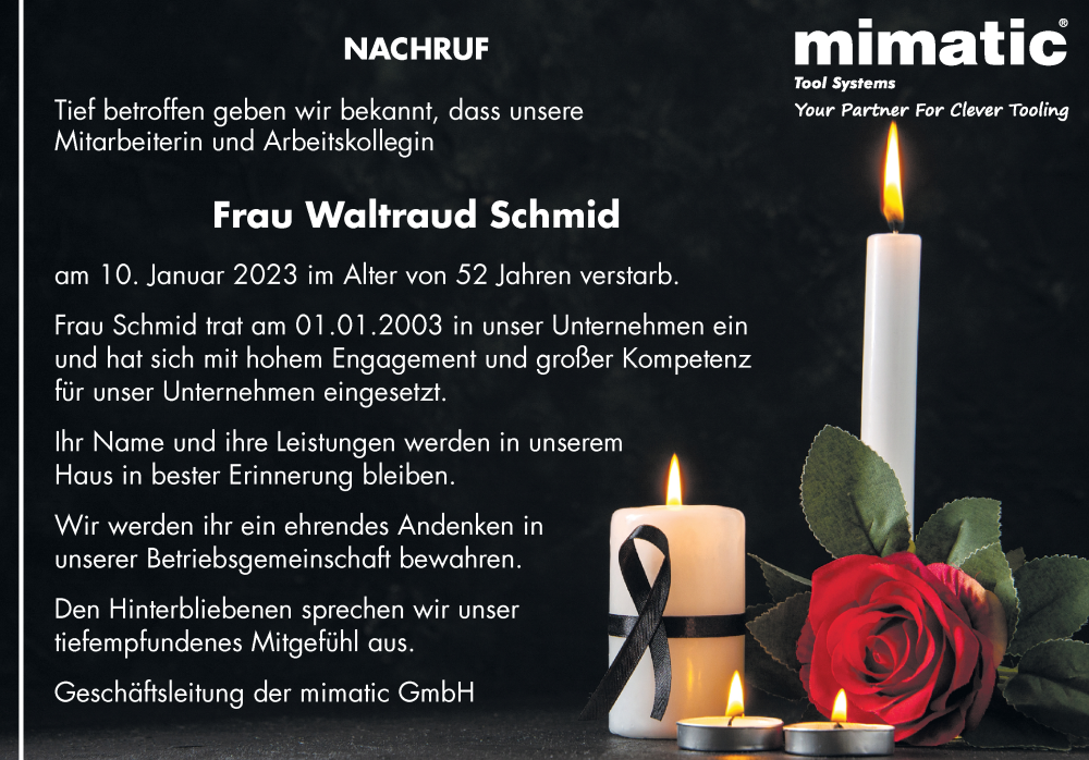  Traueranzeige für Waltraud Schmid vom 21.01.2023 aus Allgäuer Zeitung, Marktoberdorf