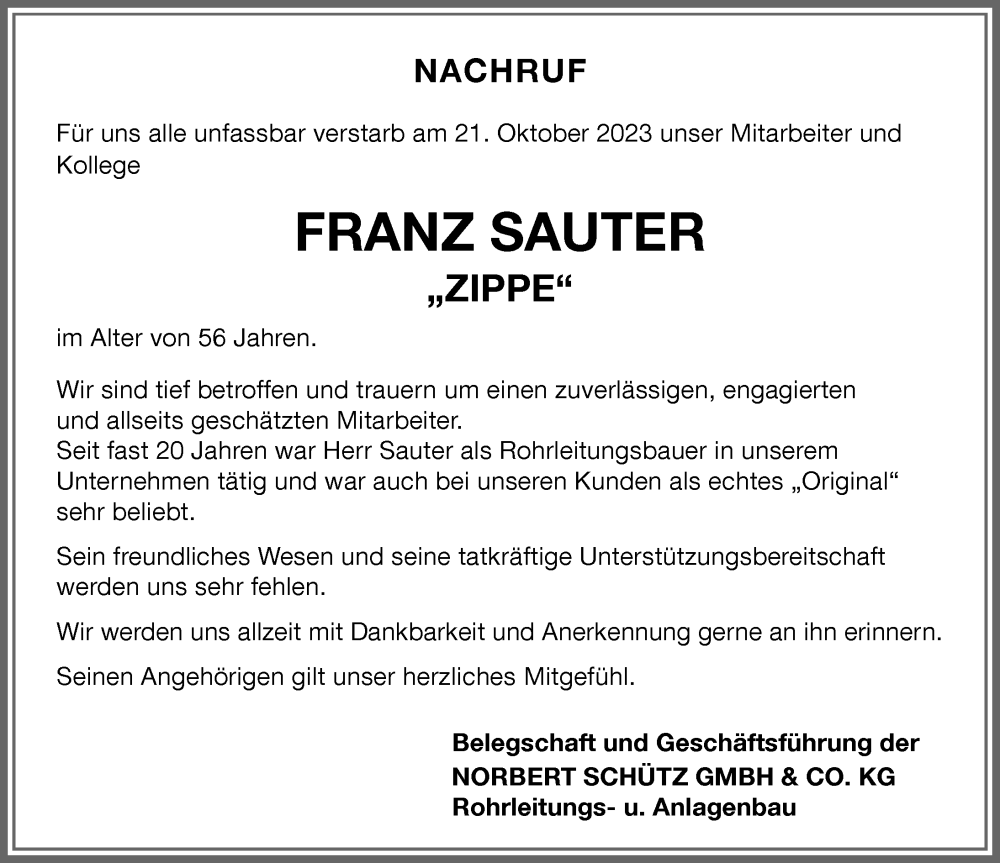 Traueranzeige von Franz Xaver Sauter von Memminger Zeitung