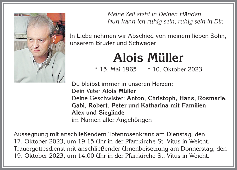 Traueranzeige von Alois Müller von Allgäuer Zeitung, Kaufbeuren/Buchloe