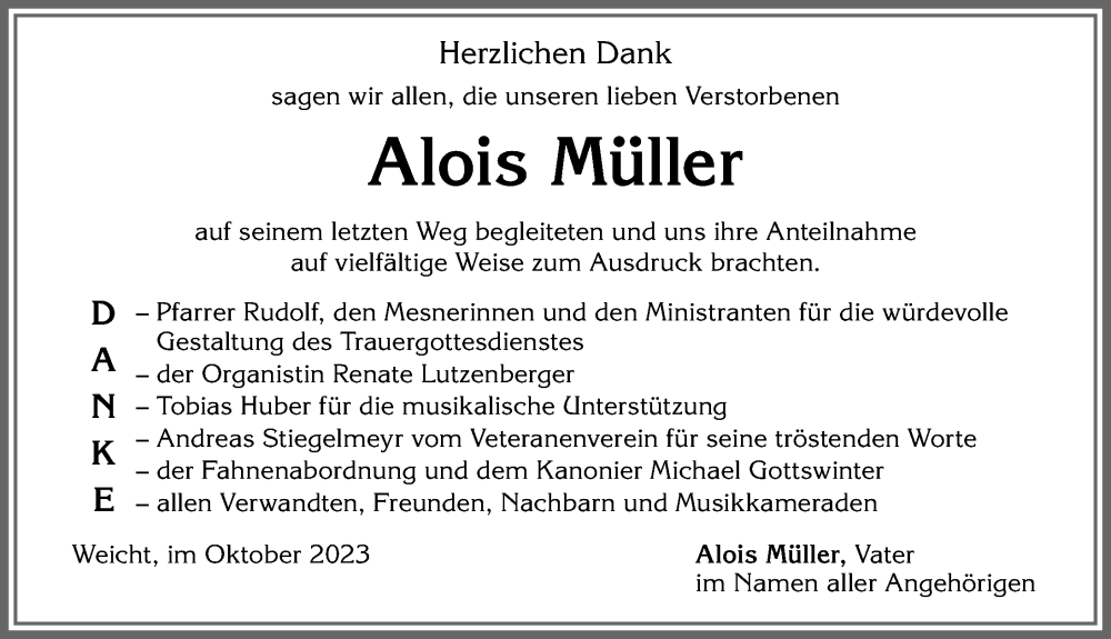 Traueranzeige von Alois Müller von Allgäuer Zeitung, Kaufbeuren/Buchloe