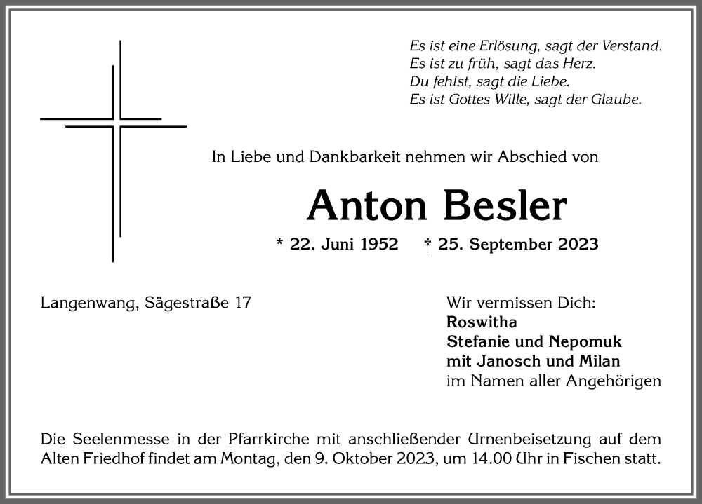 Traueranzeigen Von Anton Besler | Augsburger Allgemeine Zeitung