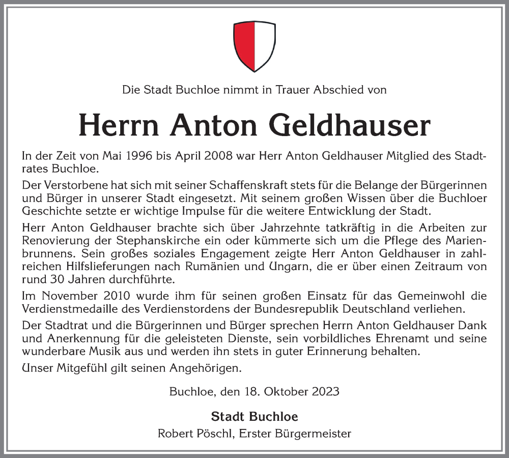 Traueranzeige von Anton Geldhauser von Allgäuer Zeitung, Kaufbeuren/Buchloe