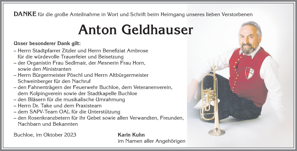 Traueranzeige von Anton Geldhauser von Allgäuer Zeitung, Kaufbeuren/Buchloe