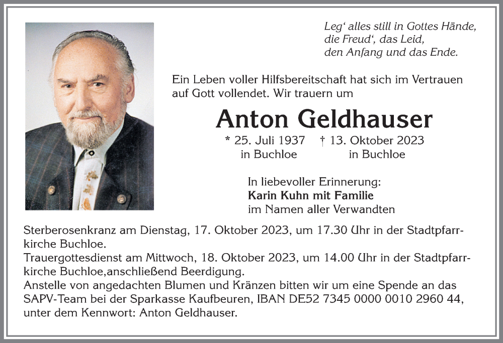 Traueranzeige von Anton Geldhauser von Allgäuer Zeitung, Kaufbeuren/Buchloe