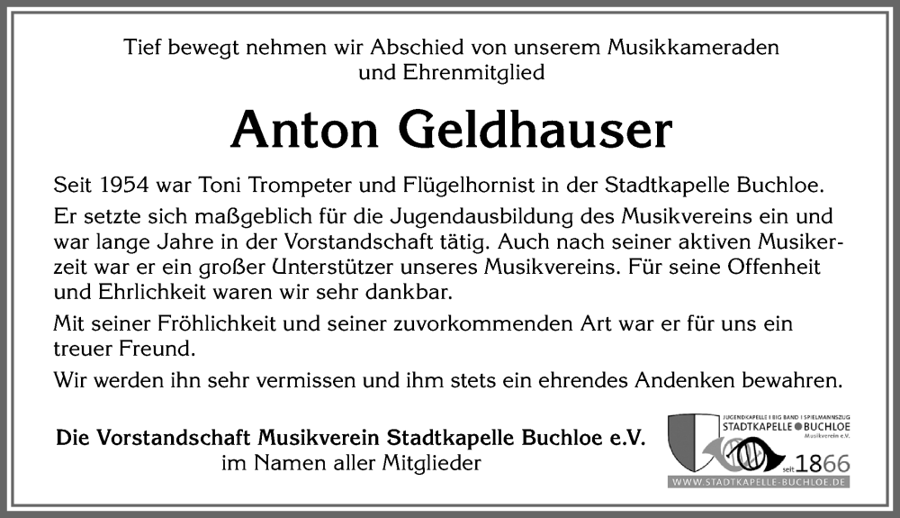 Traueranzeige von Anton Geldhauser von Allgäuer Zeitung, Kaufbeuren/Buchloe