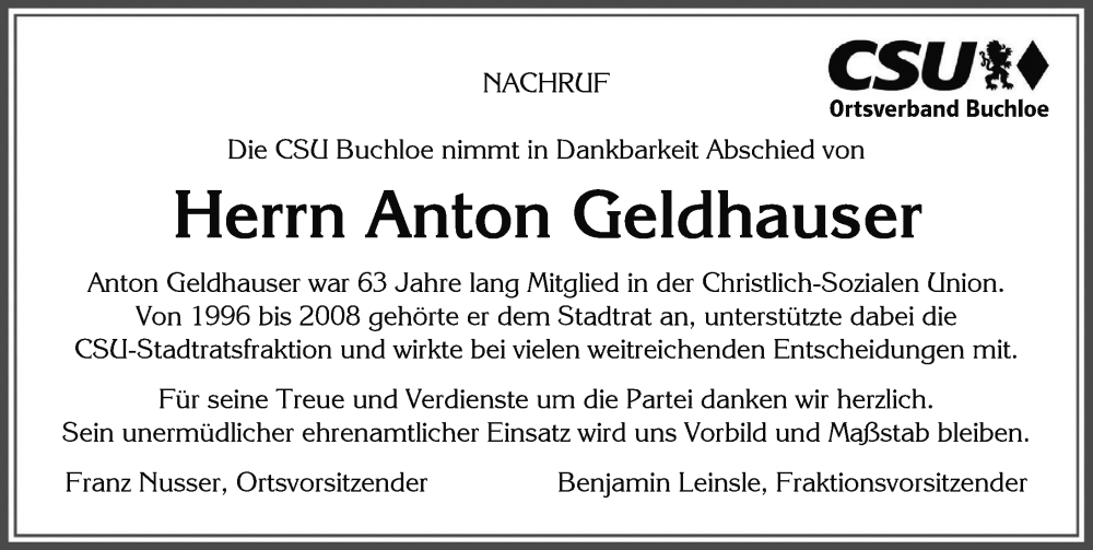 Traueranzeige von Anton Geldhauser von Allgäuer Zeitung, Kaufbeuren/Buchloe