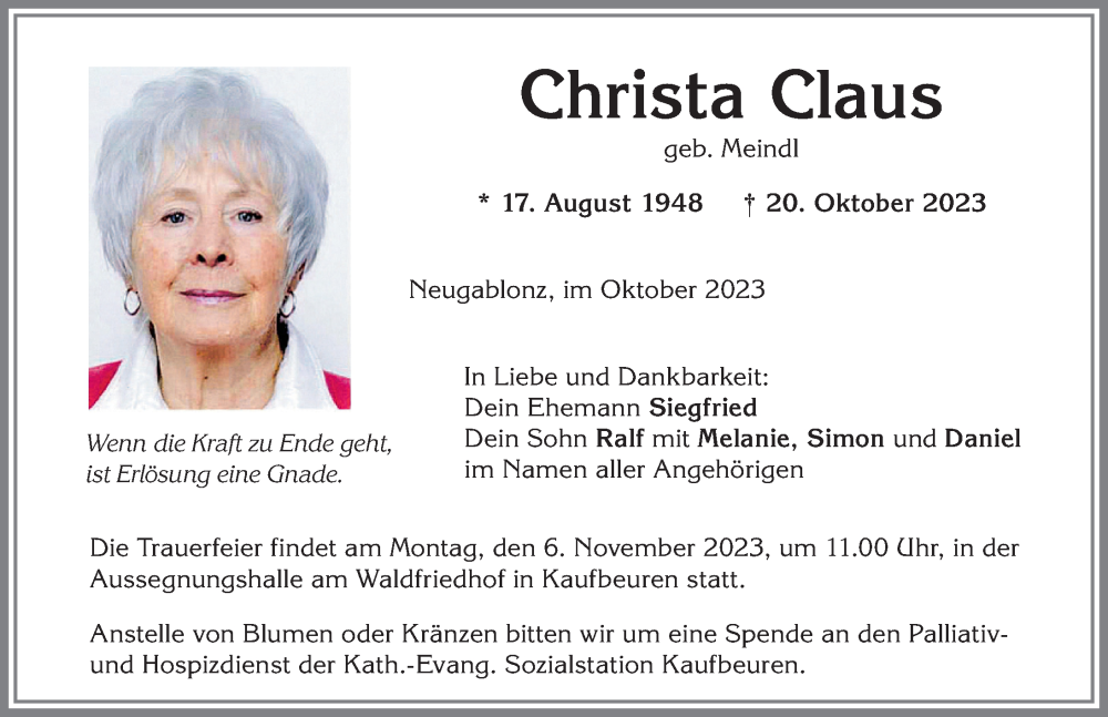 Traueranzeige von Christa Claus von Allgäuer Zeitung, Kaufbeuren/Buchloe
