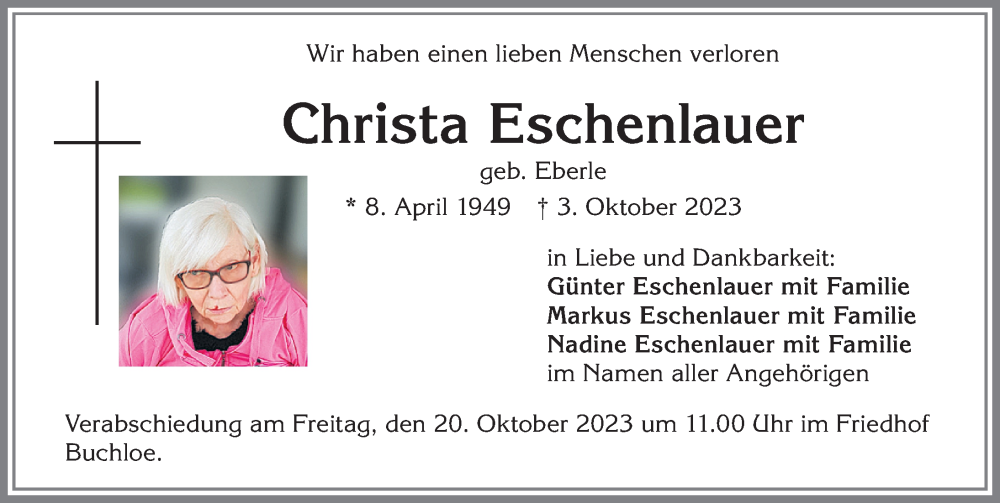 Traueranzeige von Christa Eschenlauer von Allgäuer Zeitung, Kaufbeuren/Buchloe