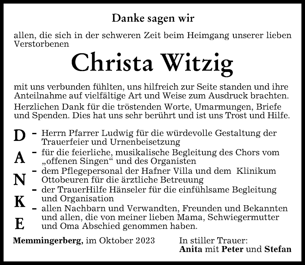 Traueranzeige von Christa Witzig von Memminger Zeitung