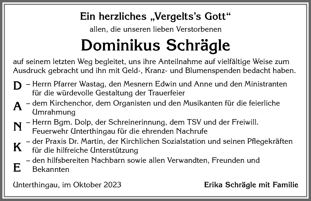 Traueranzeigen Von Dominikus Schrägle | Augsburger Allgemeine Zeitung