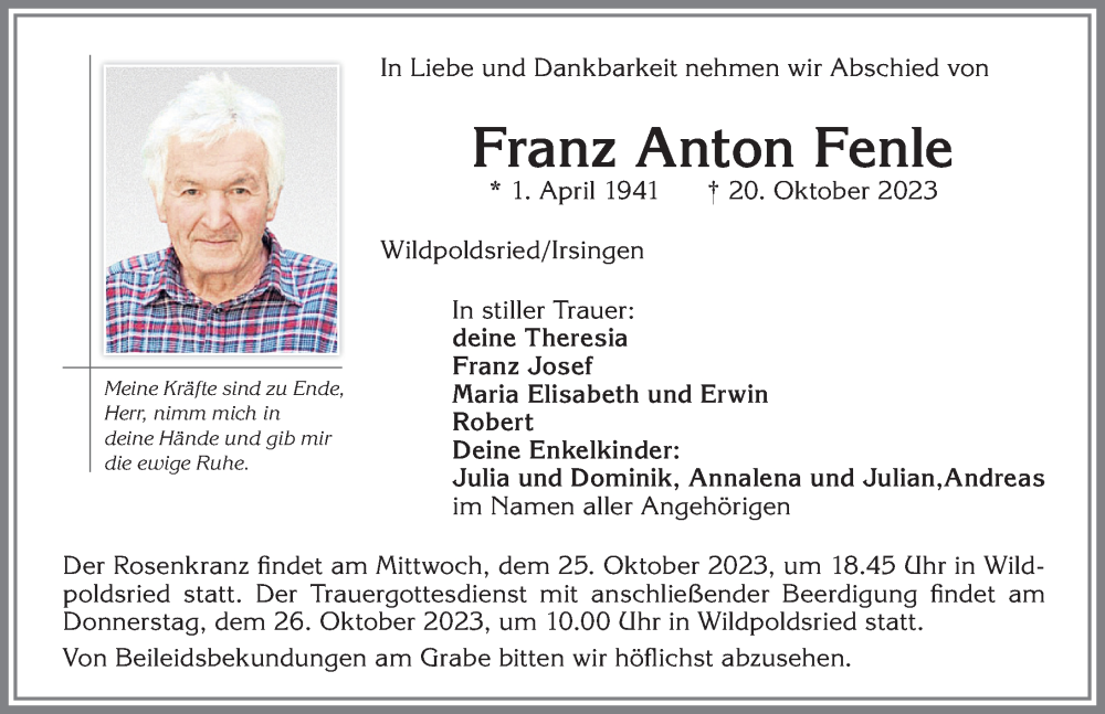 Traueranzeige von Franz Anton Fenle von Allgäuer Zeitung,Kempten
