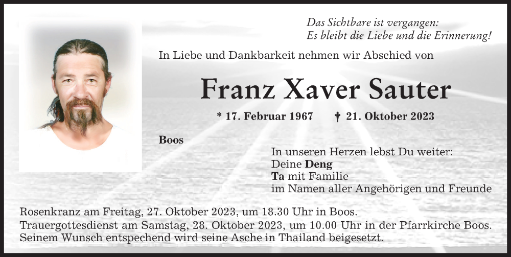 Traueranzeige von Franz Xaver Sauter von Memminger Zeitung