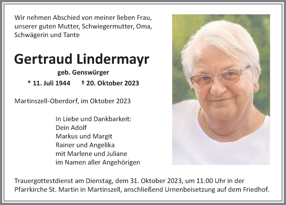 Traueranzeige von Gertraud Lindermayr von Allgäuer Anzeigeblatt