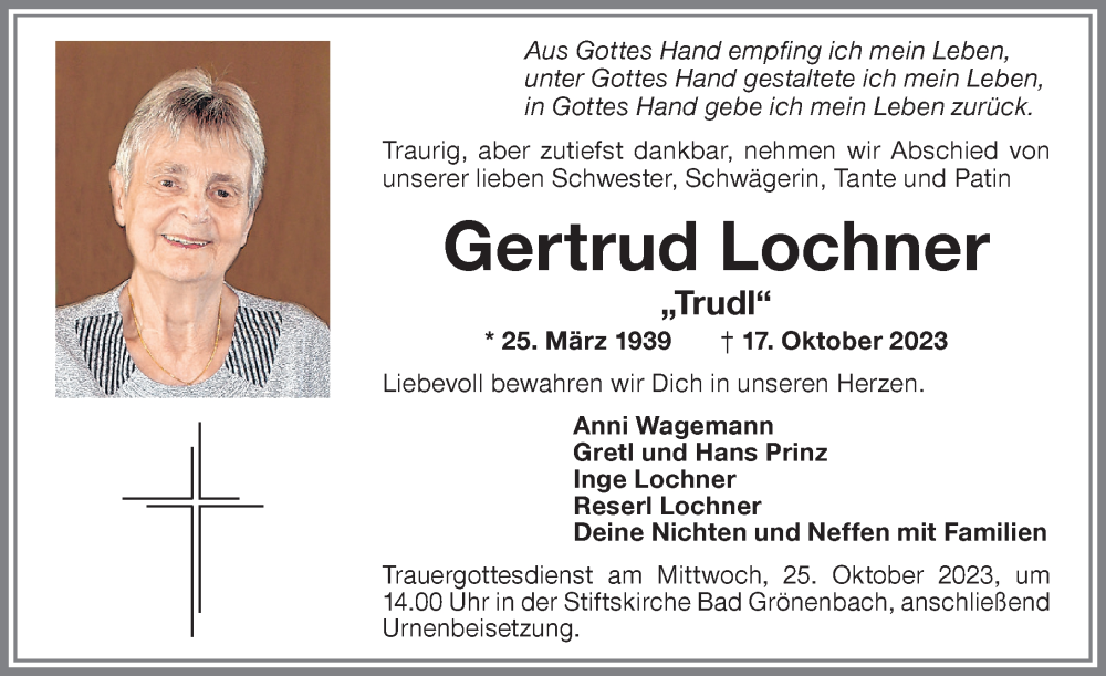 Traueranzeige von Gertrud Lochner von Memminger Zeitung