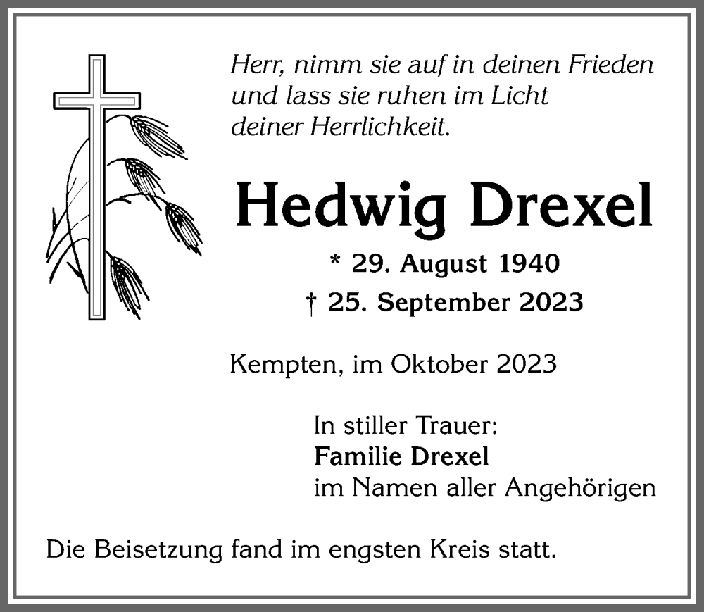  Traueranzeige für Hedwig Drexel vom 14.10.2023 aus Allgäuer Zeitung,Kempten