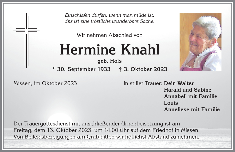 Traueranzeige von Hermine Knahl von Allgäuer Anzeigeblatt