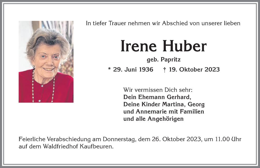 Traueranzeige von Irene Huber von Allgäuer Zeitung, Kaufbeuren/Buchloe