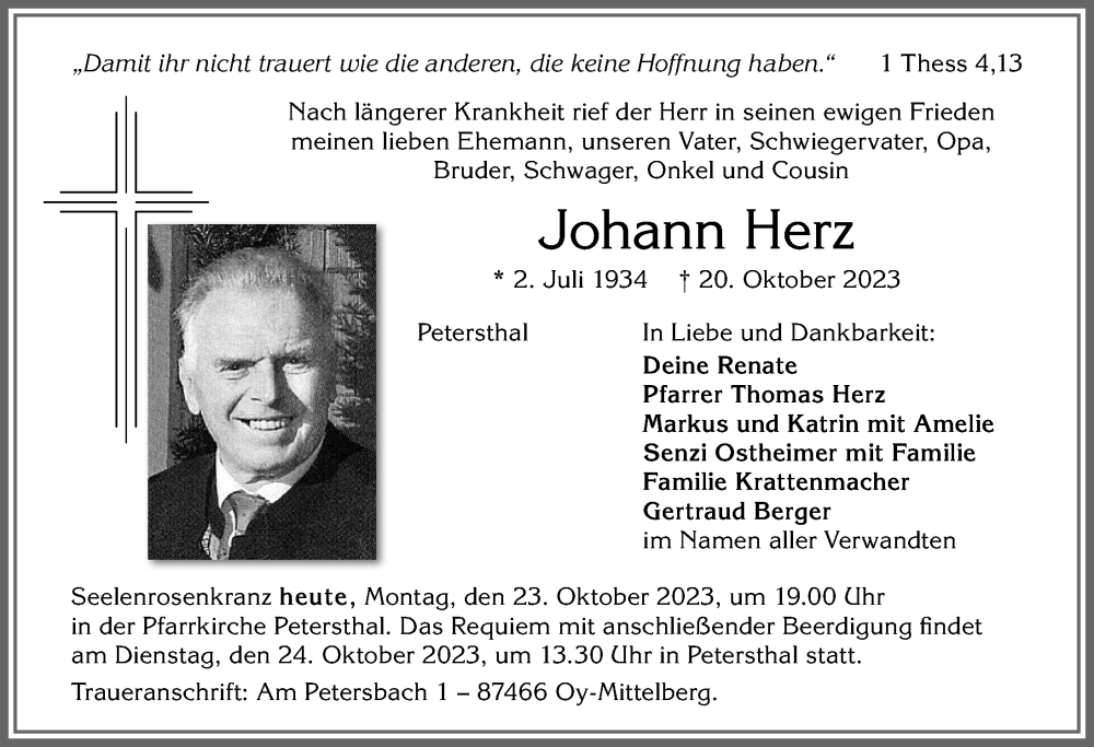 Traueranzeige von Johann Herz von Allgäuer Zeitung, Kaufbeuren/Buchloe