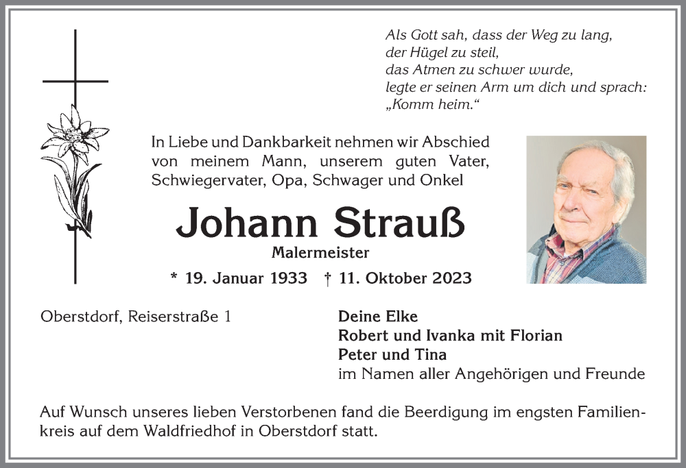 Traueranzeige von Johann Strauß von Allgäuer Anzeigeblatt