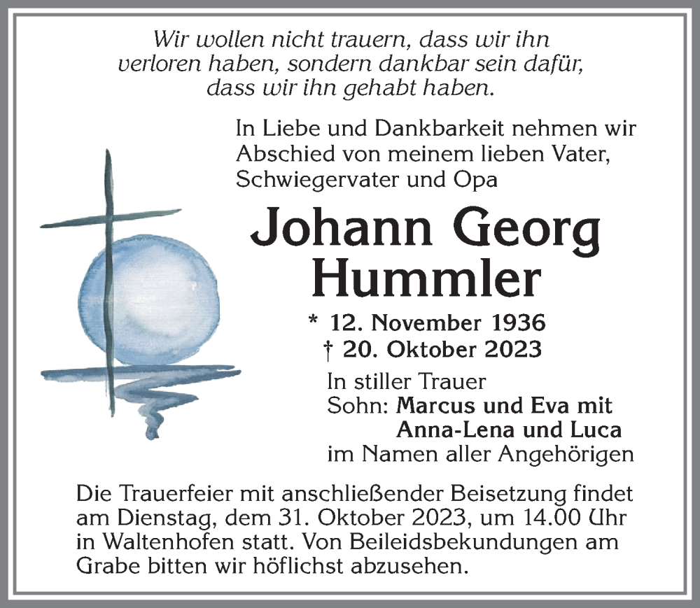Traueranzeige von Johann Georg Hummler von Allgäuer Zeitung,Kempten