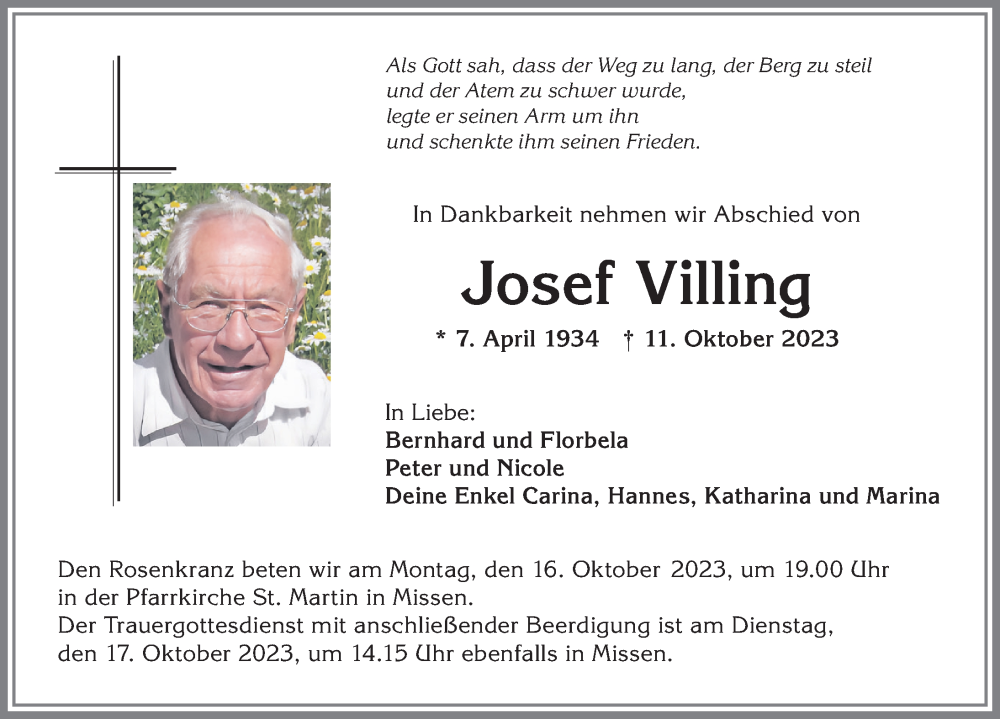 Traueranzeige von Josef Villing von Allgäuer Anzeigeblatt