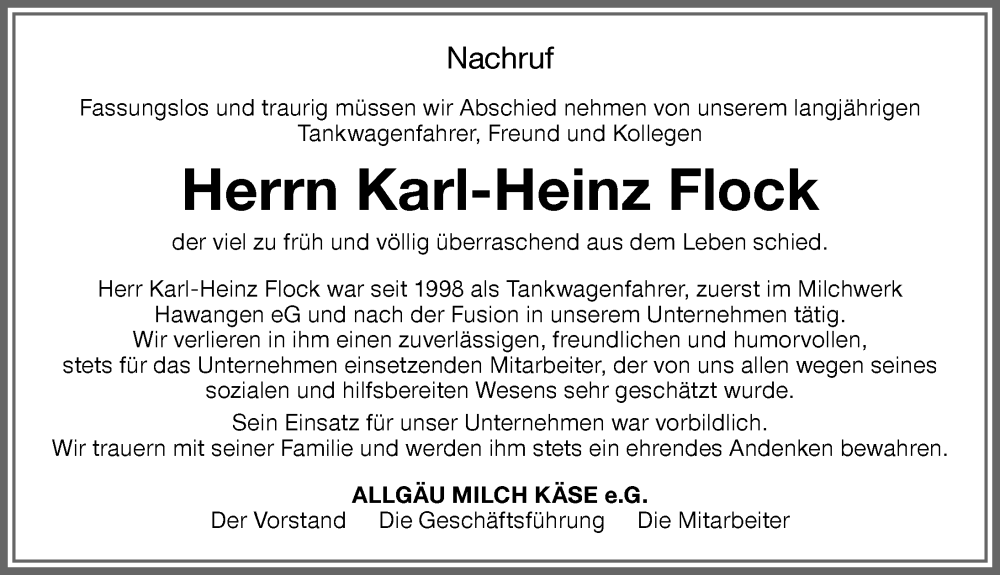 Traueranzeige von Karl-Heinz Flock von Memminger Zeitung