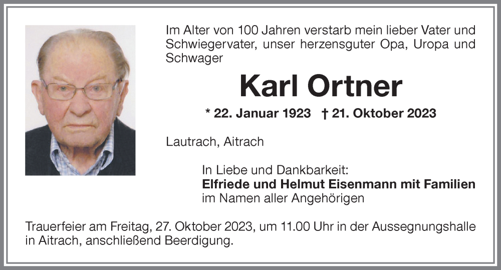 Traueranzeige von Karl Ortner von Memminger Zeitung