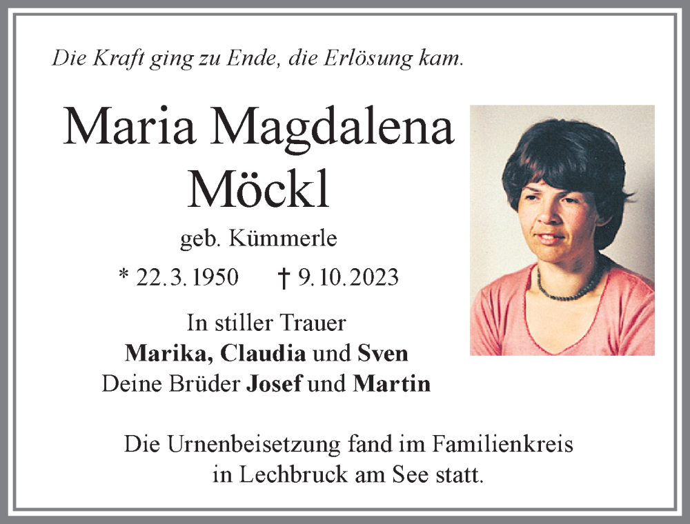 Traueranzeige von Maria Magdalena Möckl von Allgäuer Zeitung, Füssen