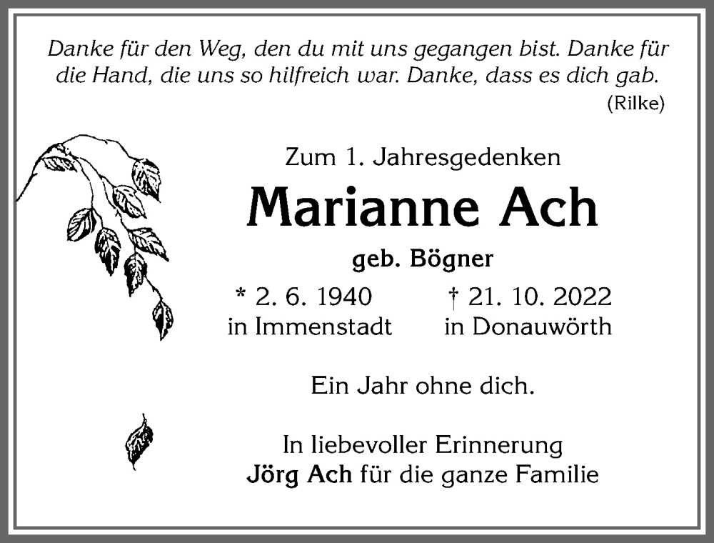 Traueranzeige von Marianne Ach von Allgäuer Anzeigeblatt