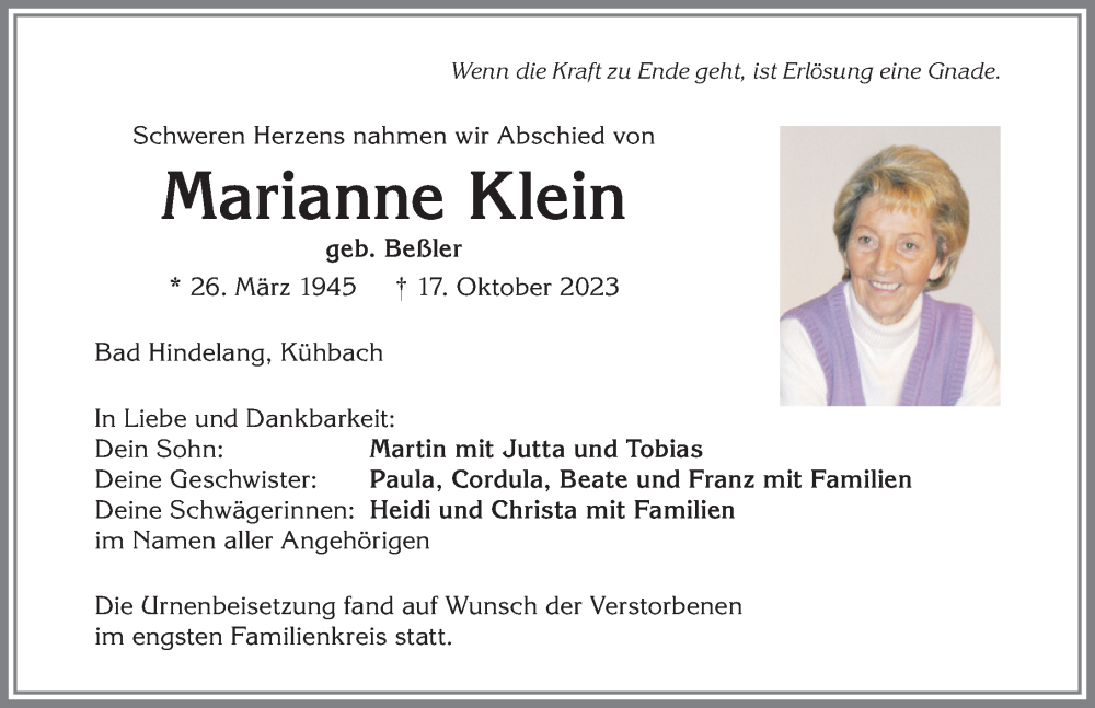 Traueranzeige von Marianne Klein von Allgäuer Anzeigeblatt