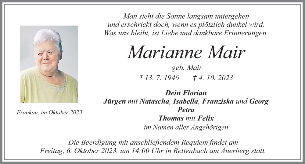 Traueranzeige von Marianne Mair von Allgäuer Zeitung, Marktoberdorf