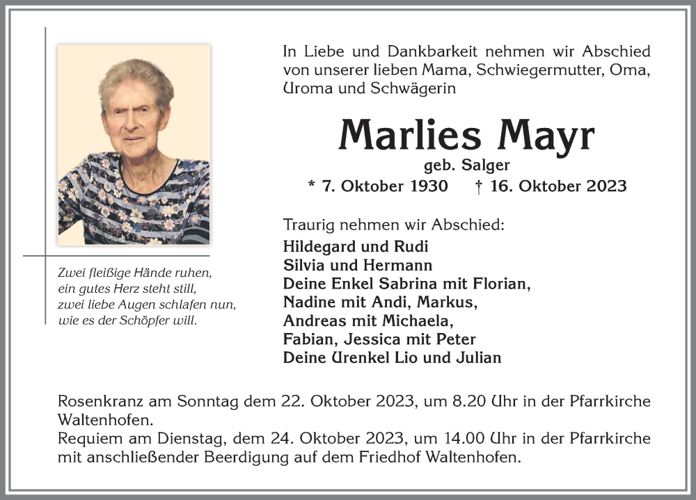 Traueranzeige von Marlies Mayr von Allgäuer Zeitung,Kempten