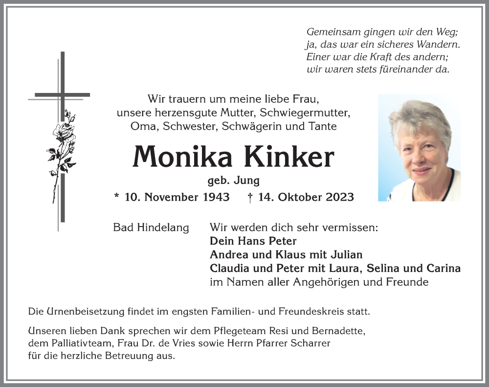 Traueranzeige von Monika Kinker von Allgäuer Anzeigeblatt