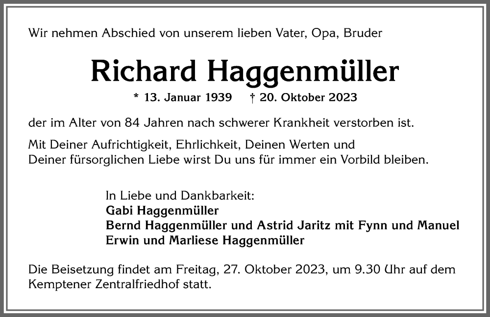 Traueranzeige von Richard Haggenmüller von Allgäuer Zeitung,Kempten