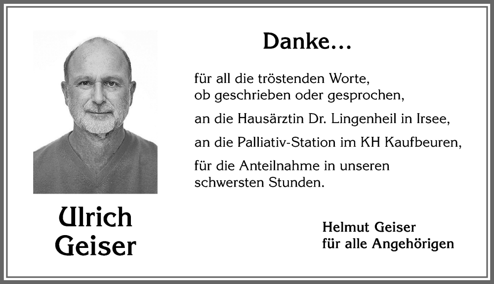 Traueranzeige von Ulrich Geiser von Allgäuer Zeitung, Kaufbeuren/Buchloe