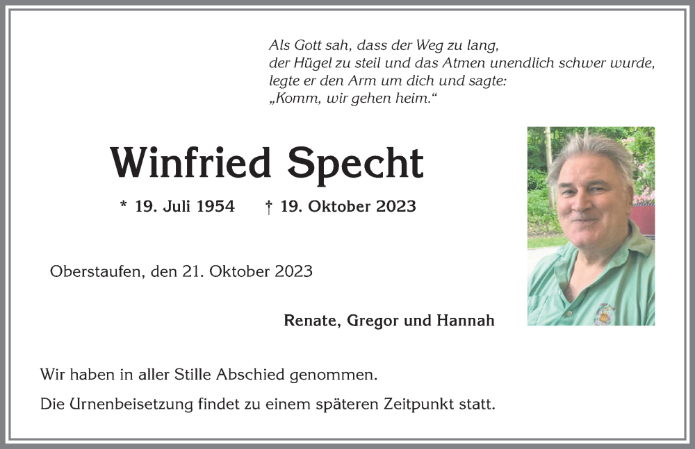 Traueranzeige von Winfried Specht von Allgäuer Anzeigeblatt