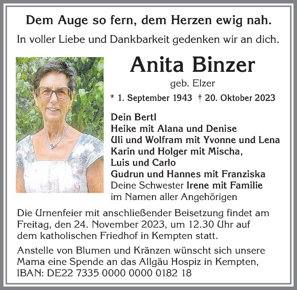 Traueranzeige von Anita Binzer von Allgäuer Zeitung,Kempten