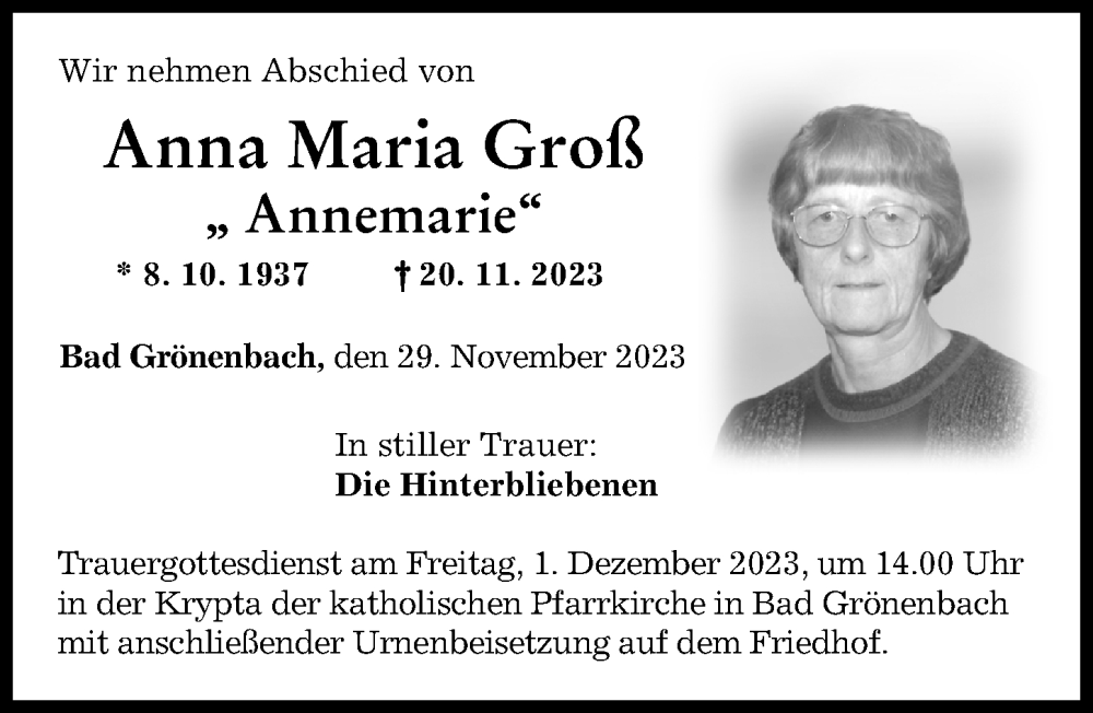 Traueranzeige von Anna Maria Groß von Memminger Zeitung